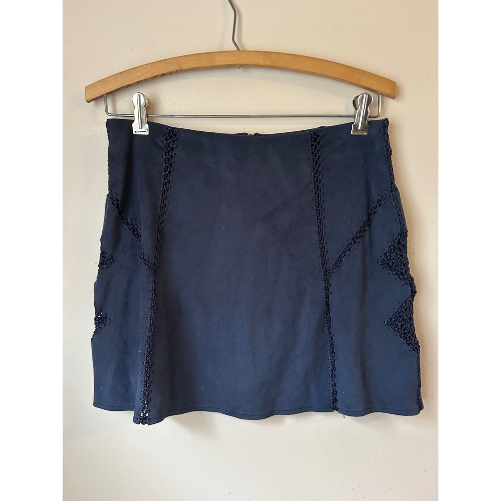 American Rag Navy Blue FauxSuede Mini Skirt Crochet Boho IndieSleeze Preppy